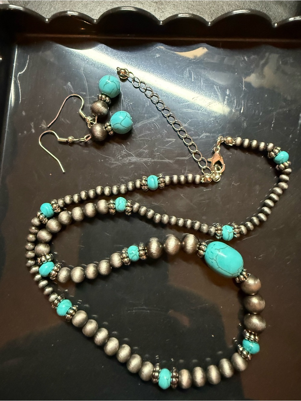 Faux Turquoise & Bead Costume Necklace and Earring Set